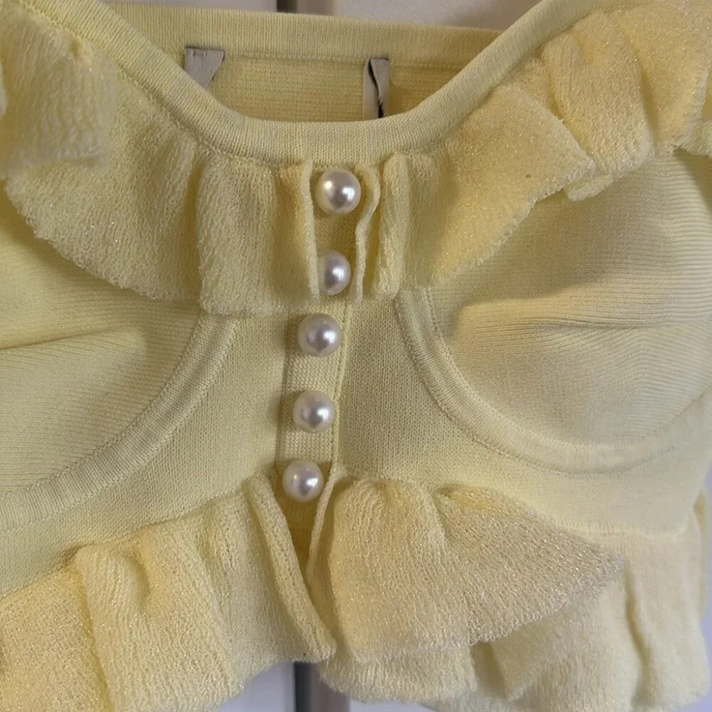 NEW SANDRO Ruffled Bandeau Top Pastel Yellow Pearl Detail | size 1 / S - Picture 9 of 10